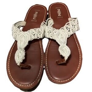 Mad Love Women's Size 10 Cognac Slip-On Sandals Cream Knit Crochet Straps